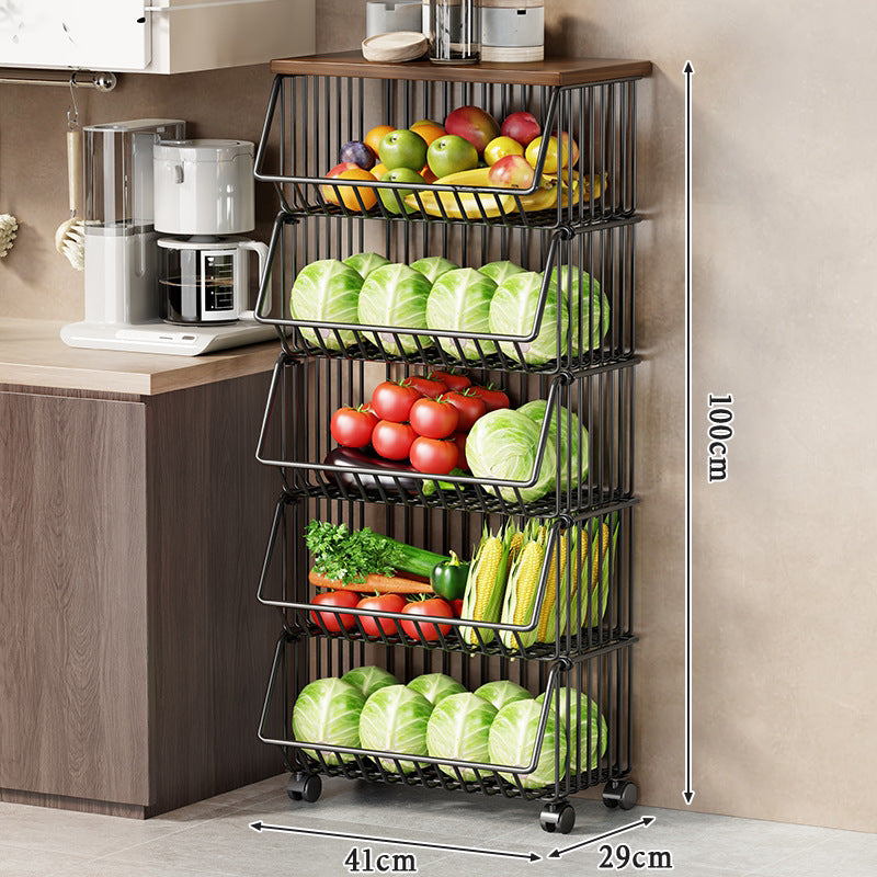 Vertical Five-Tier Rolling Kitchen Produce Storage Cart with Wooden Top and Pull-Out Wire Baskets