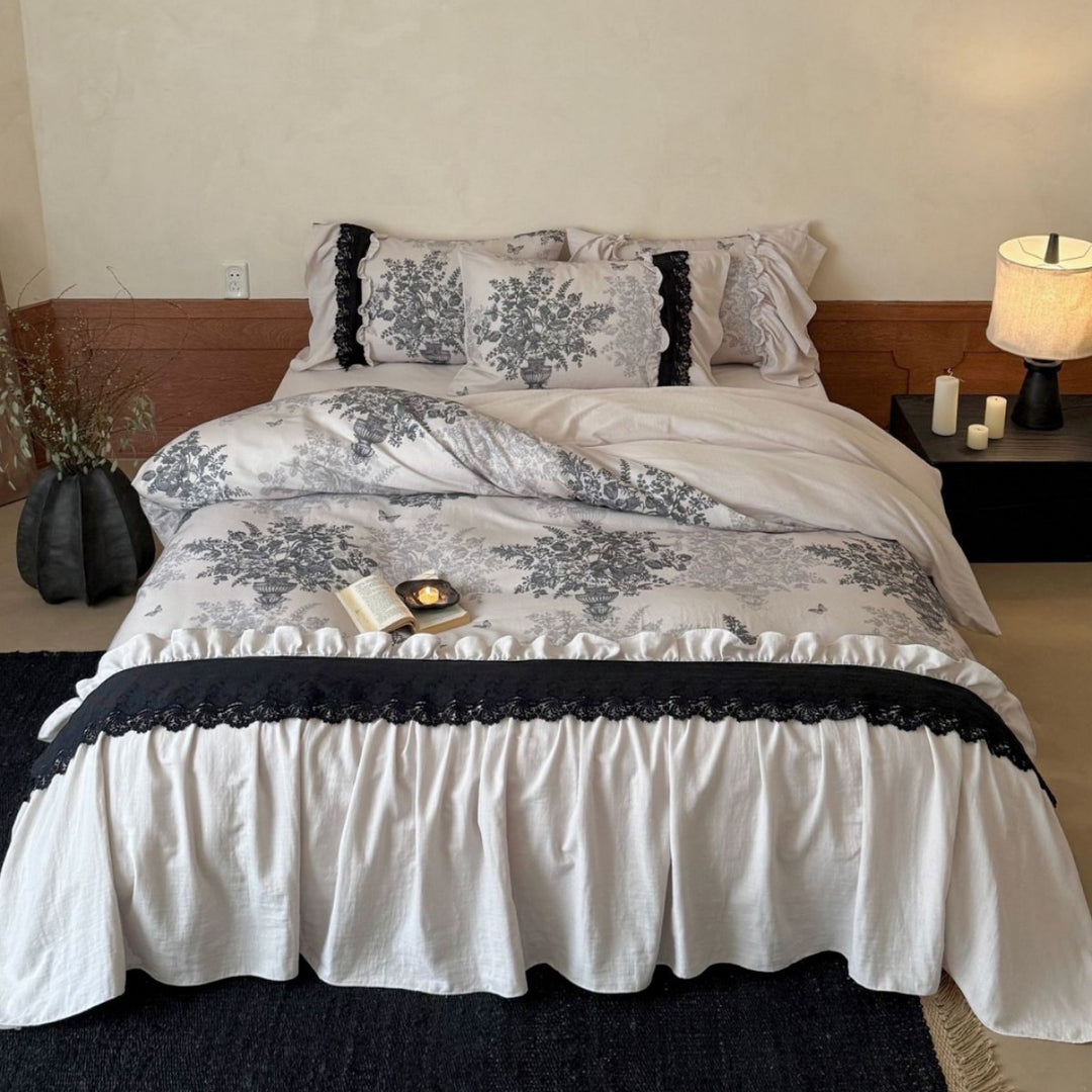 Ruffled Toile Floral Duvet Cover Set with Lace-Trimmed Bed Skirt & Decorative Shams