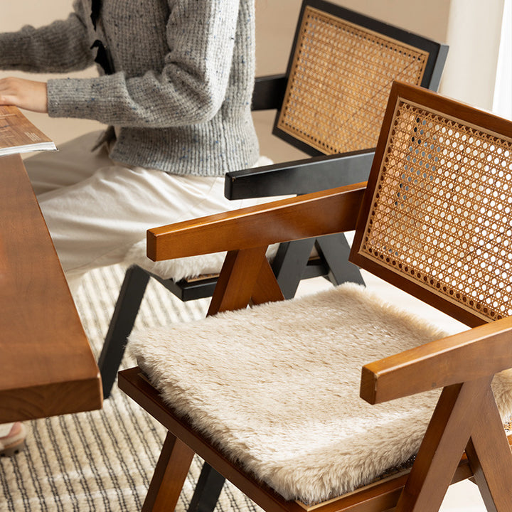 Square fluffy seat cushion with faux fur cover and attachment straps Stornfield