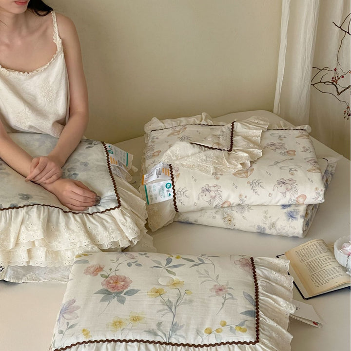 Ruffled Eyelet Floral Cotton Duvet Cover and Pillow Sham Set