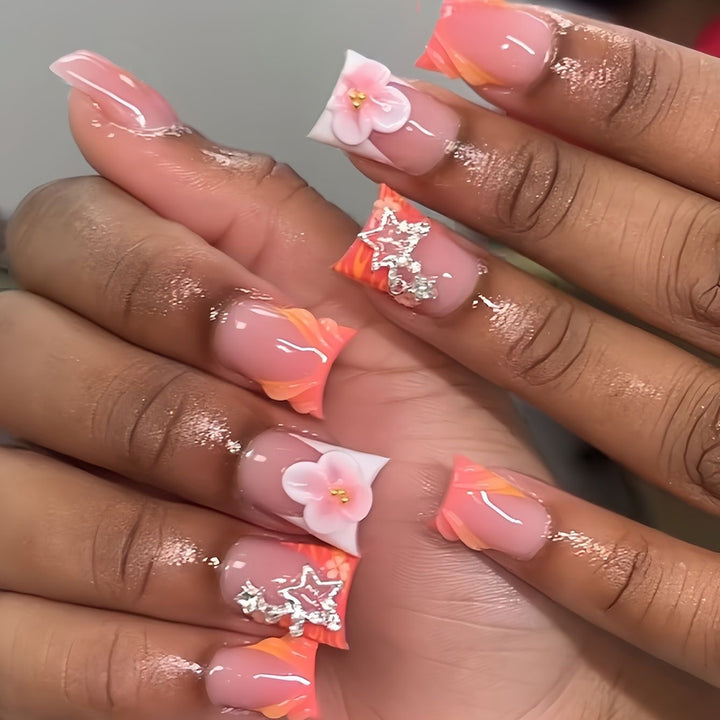 Artistic Press-On Nail Art Set with Floral and Gemstone Accents Stornfield