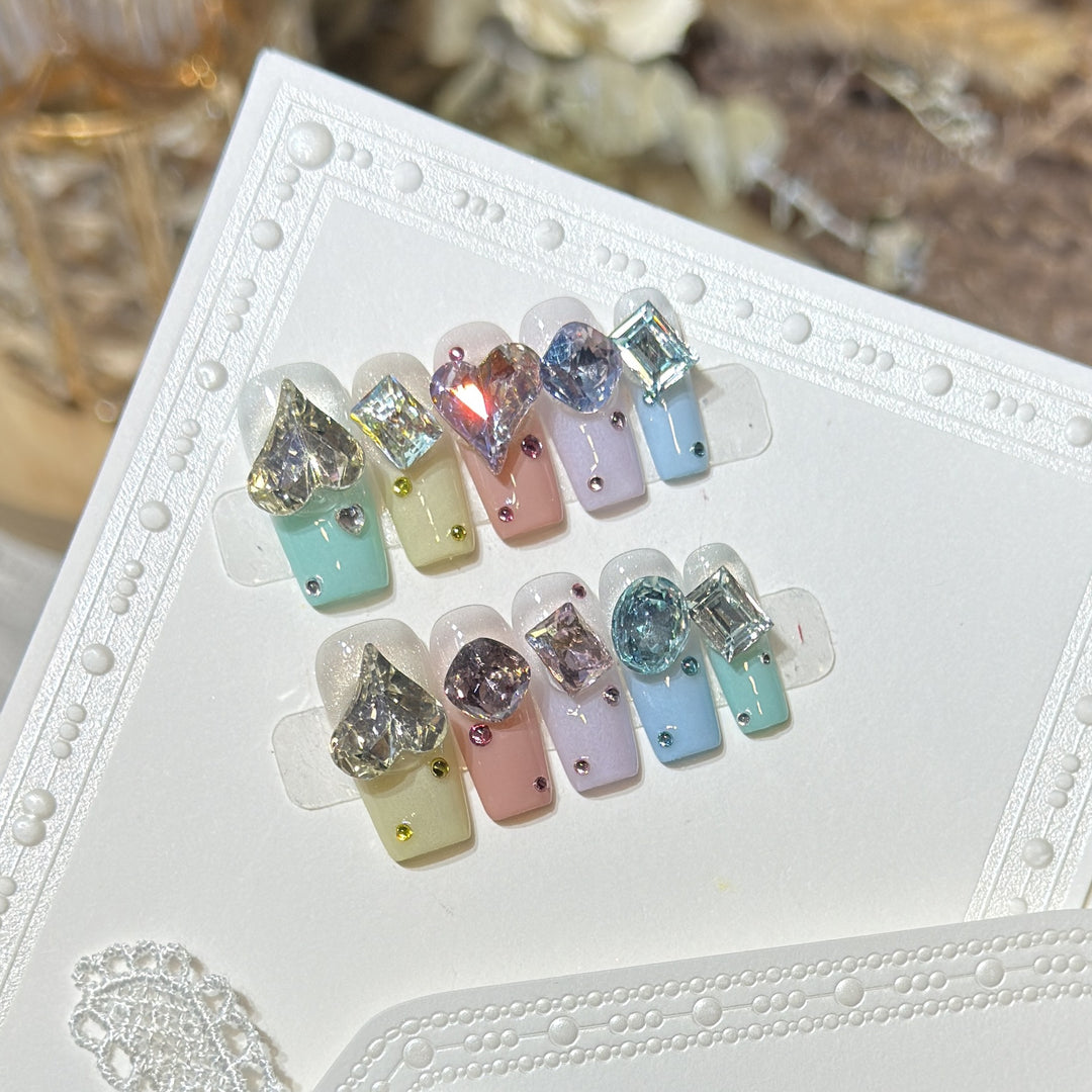 Artistic Press-On Nail Set with Gemstone Embellishments Stornfield