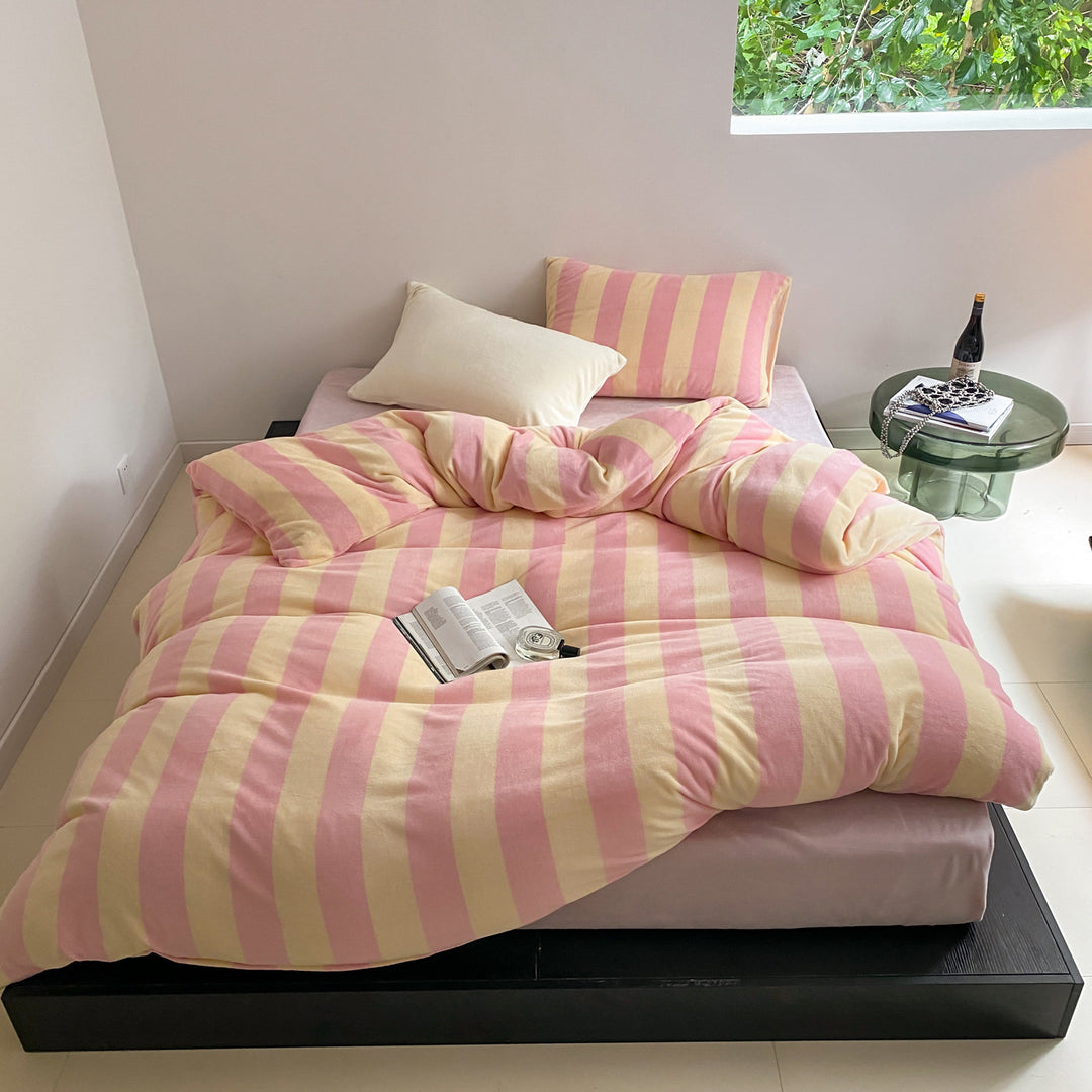 Brushed Cotton Flannel Striped Duvet Cover & Pillowcase Set with Hidden Zip & Corner Ties