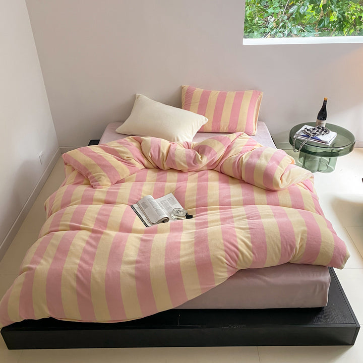 Brushed Cotton Flannel Striped Duvet Cover & Pillowcase Set with Hidden Zip & Corner Ties
