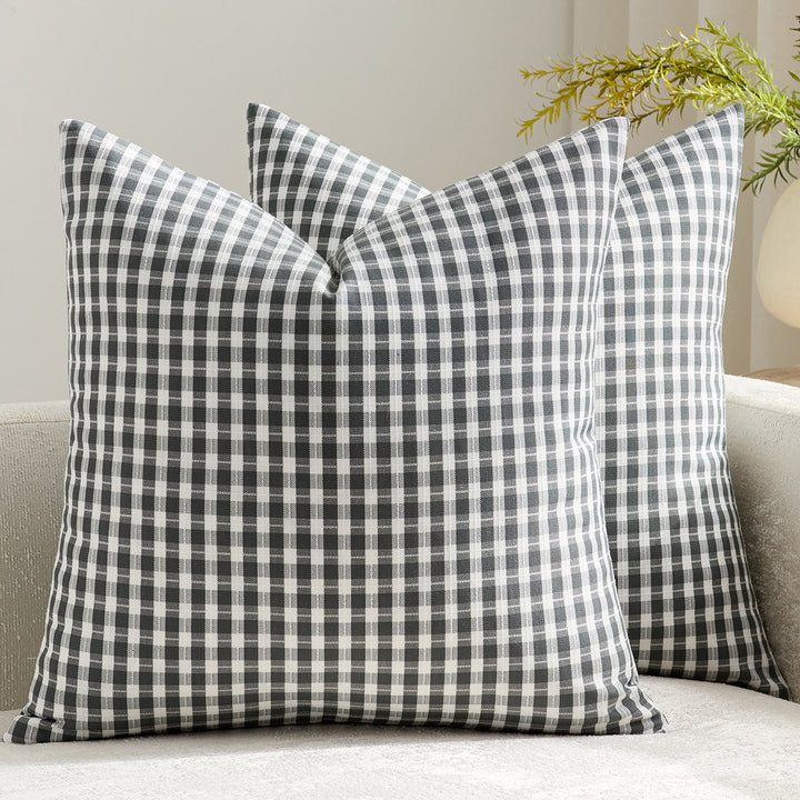 Gingham Cotton-Linen Square Throw Pillow Covers with Hidden Zipper Pair