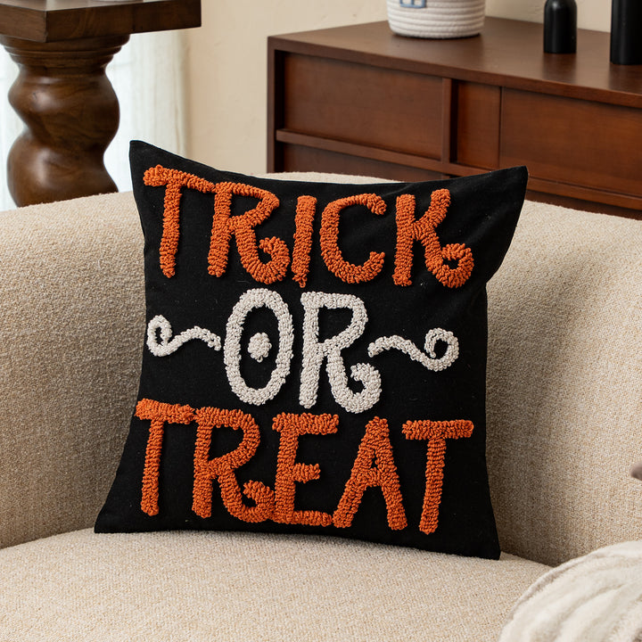 Embroidered decorative pillow cover with ghost tufting and hidden zipper