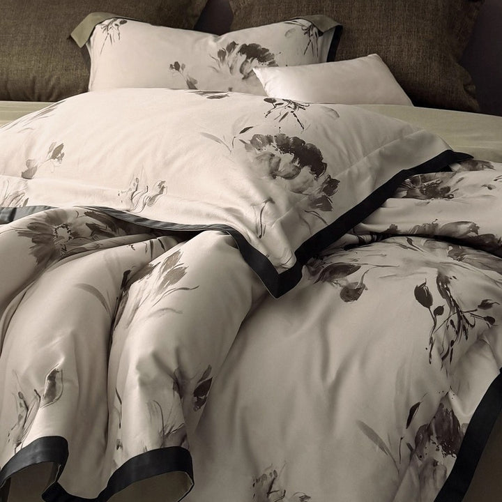 Floral Print Cotton Sateen Duvet Cover Set with Reversible Back and Piped Edging