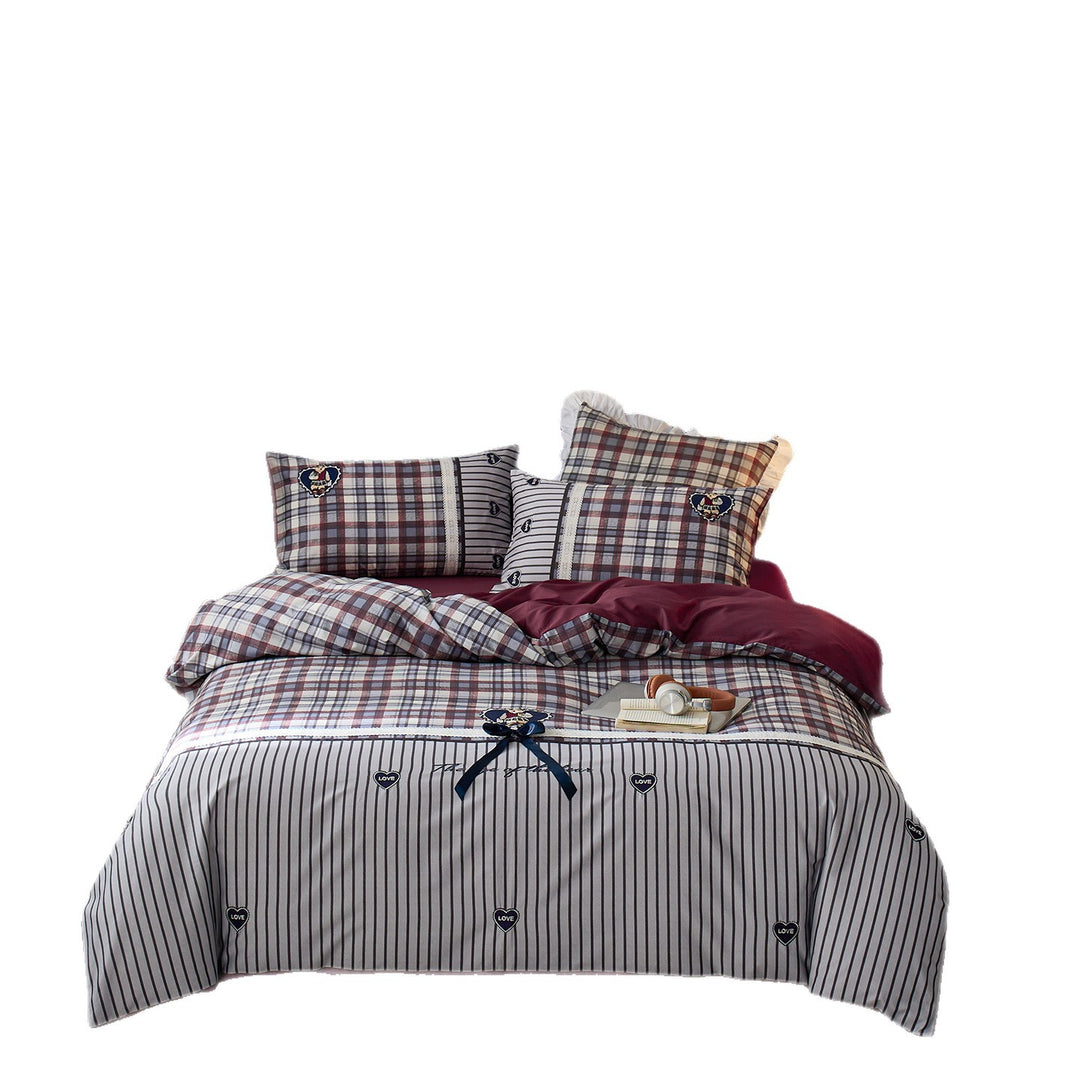 Reversible Plaid and Pinstripe Cotton Sateen Duvet Cover Set with Embroidered Heart Appliqués and Contrast Solid Backing
