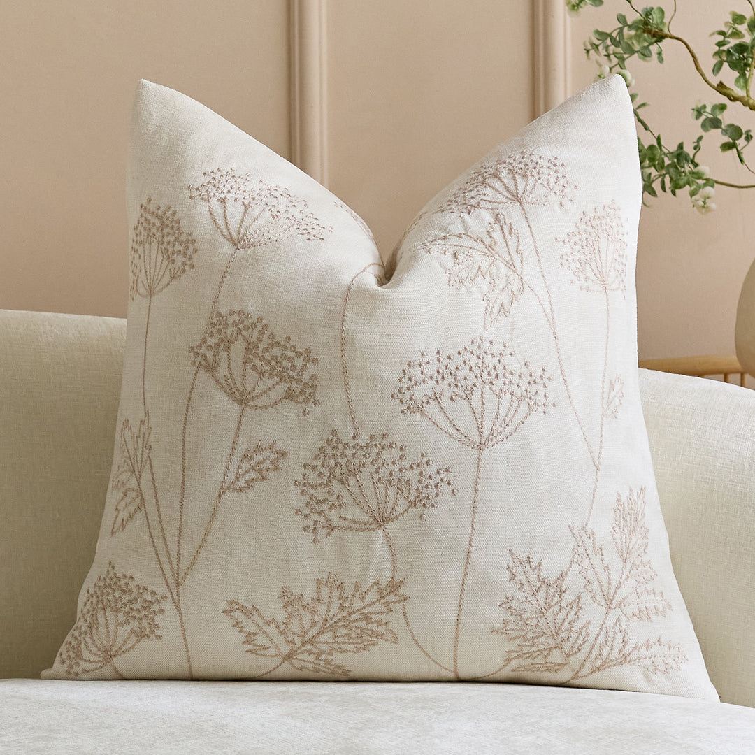 Botanical Embroidered Square Throw Pillow Cover with Linen Texture and Hidden Zipper