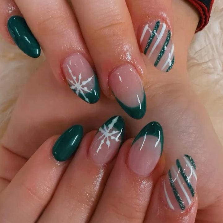 Premium Stiletto Press-On Nail Art Set with Snowflake and Striped Design Stornfield