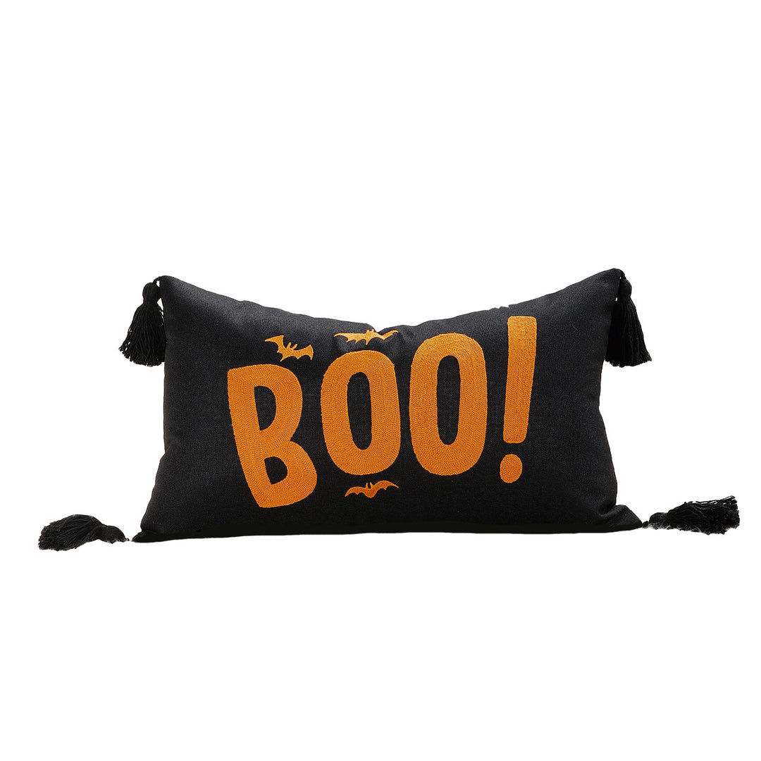 Halloween BOO Cotton-Linen Lumbar Accent Pillow Cover with Corner Tassels