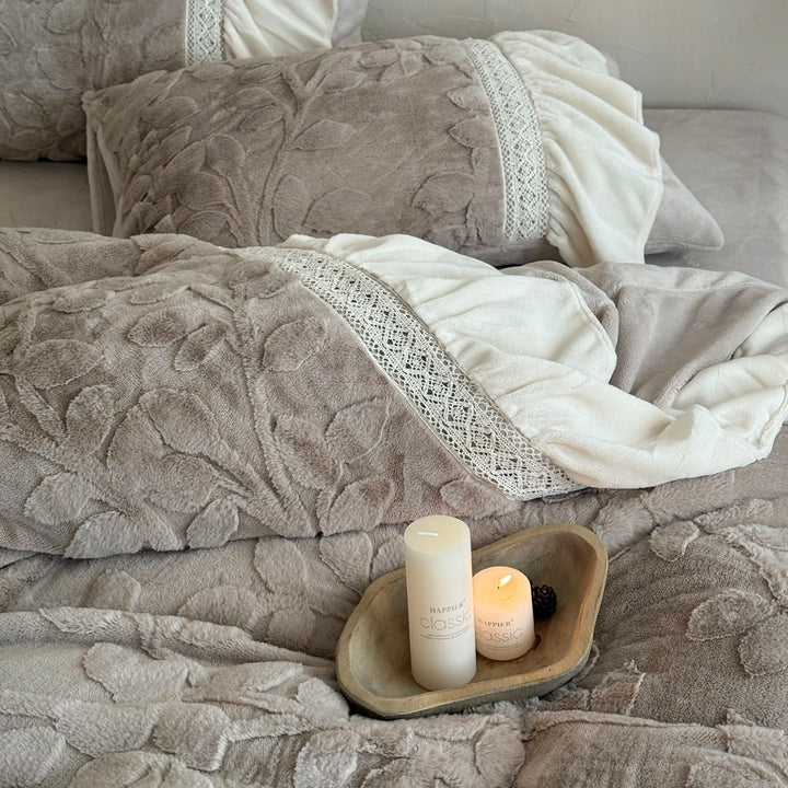 Plush Botanical Relief Duvet Cover & Ruffled Skirt Bedding Set
