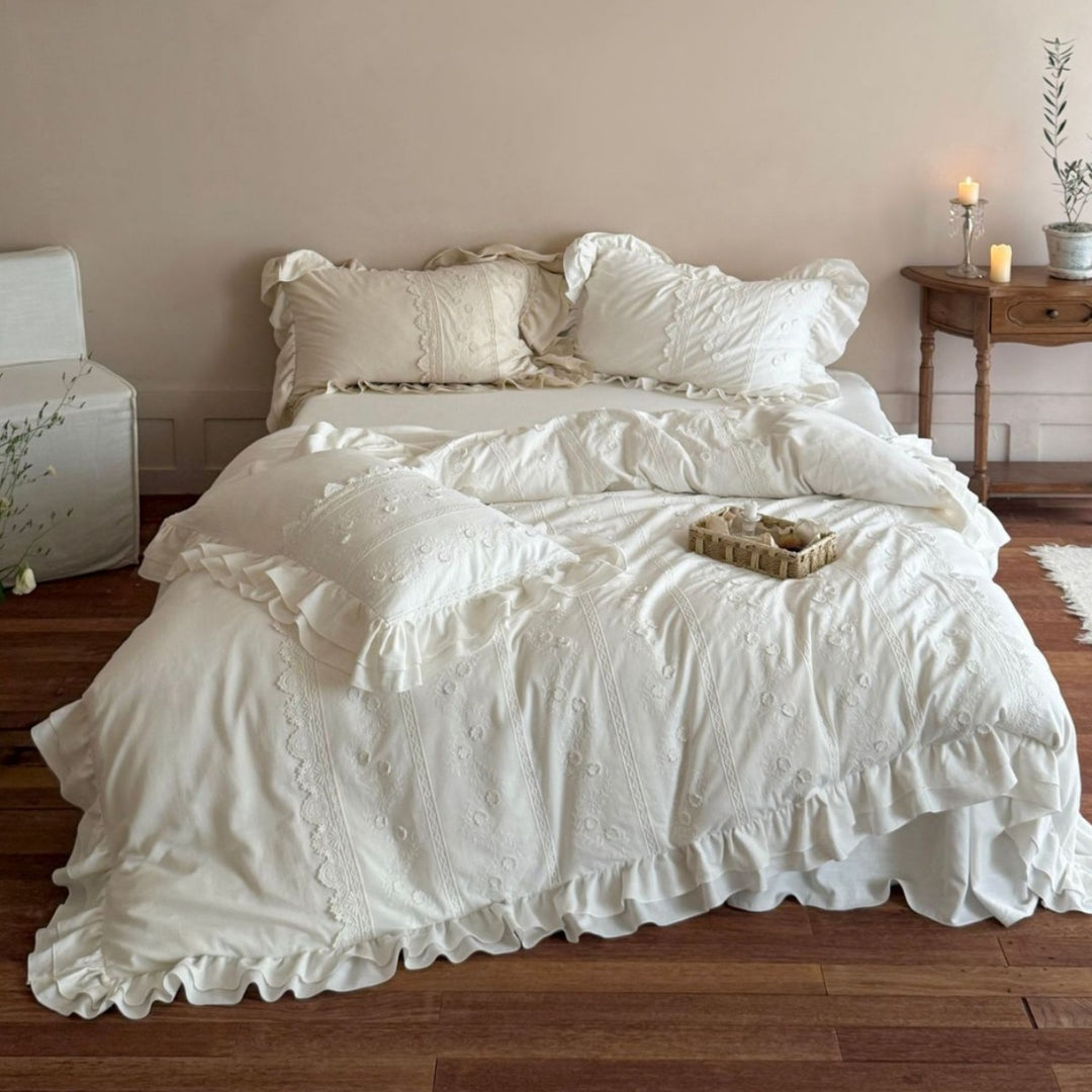 Embroidered Ruffled Cotton Duvet Cover Set
