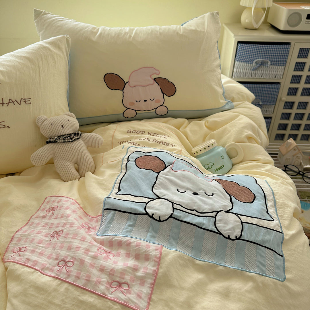 Plush Quilted Cartoon Puppy Duvet Comforter Set