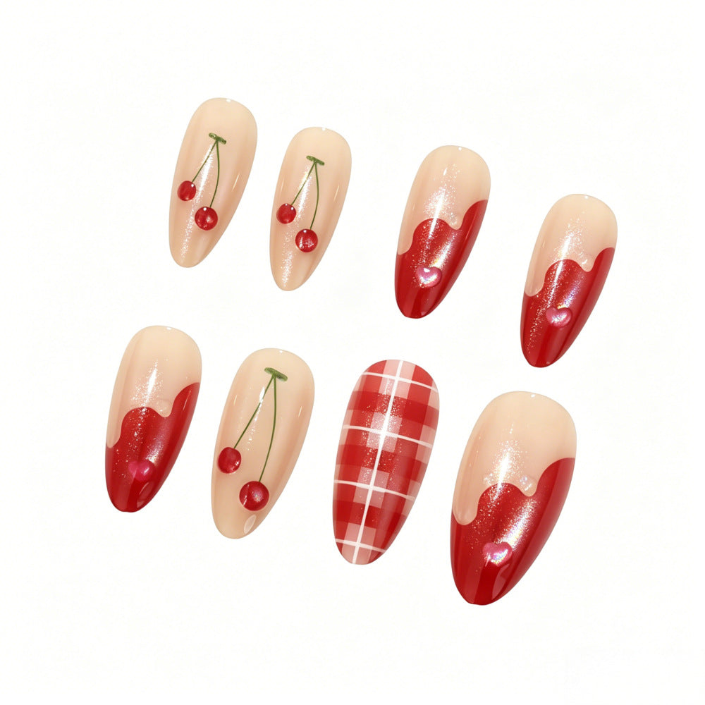 Artificial nails with romantic cherry and checkered pattern Stornfield