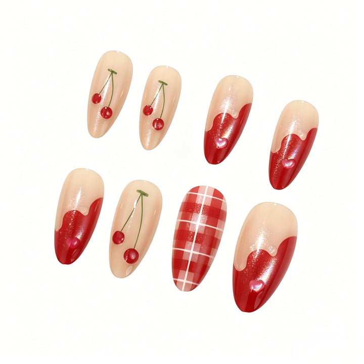 Artificial nails with romantic cherry and checkered pattern Stornfield