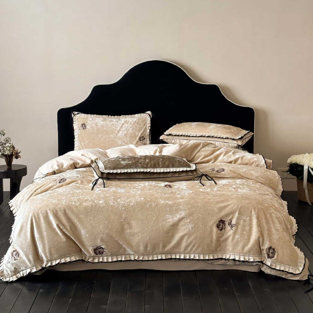 Luxurious Crushed Velvet Embroidered Duvet Cover Set with Ruffled Pleat Trim and Tie Closures