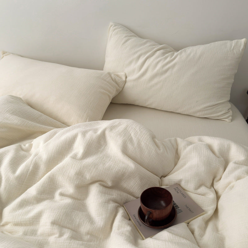 Washed Cotton Gauze Textured Duvet Cover Set with Deep-Pocket Fitted Sheet