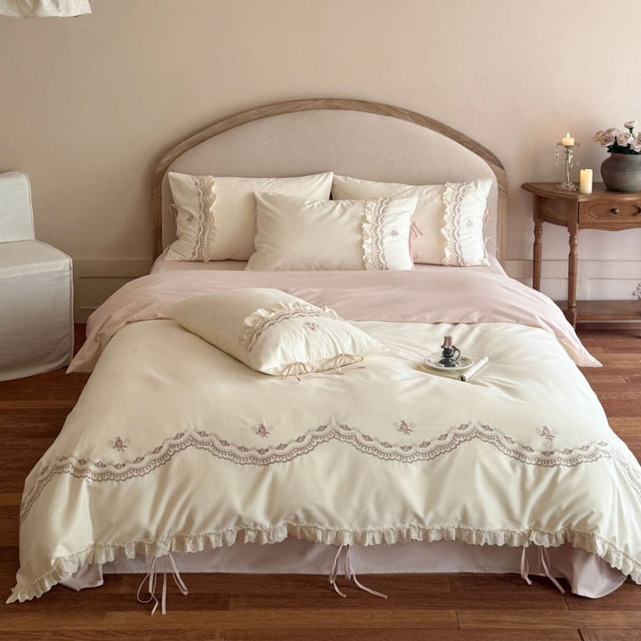 Embroidered Ruffled Cotton Duvet Cover Set with Pillow Shams and Tie Closures