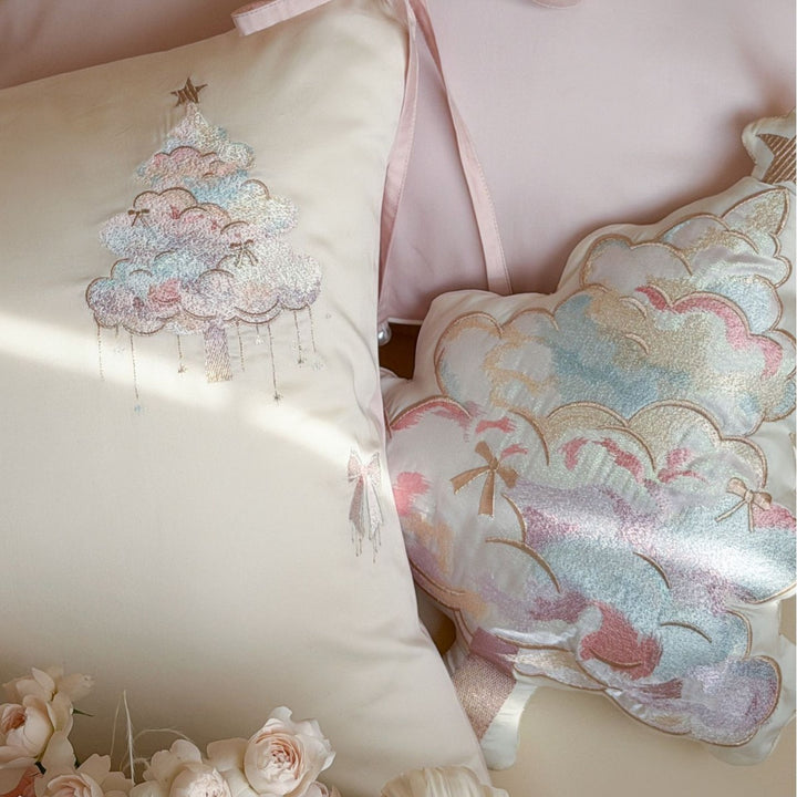 Embroidered Satin Duvet Cover Set with Reversible Sateen and Ribbon-Tie Pillow Shams