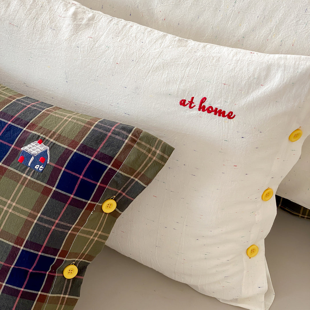 Cotton Percale Duvet Cover Set with Button Closure and Embroidered Accent