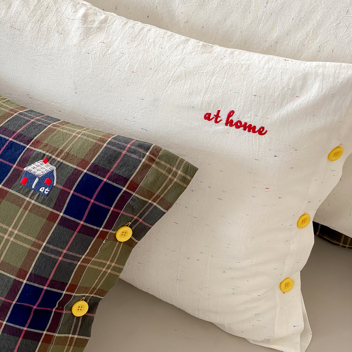 Cotton Percale Duvet Cover Set with Button Closure and Embroidered Accent