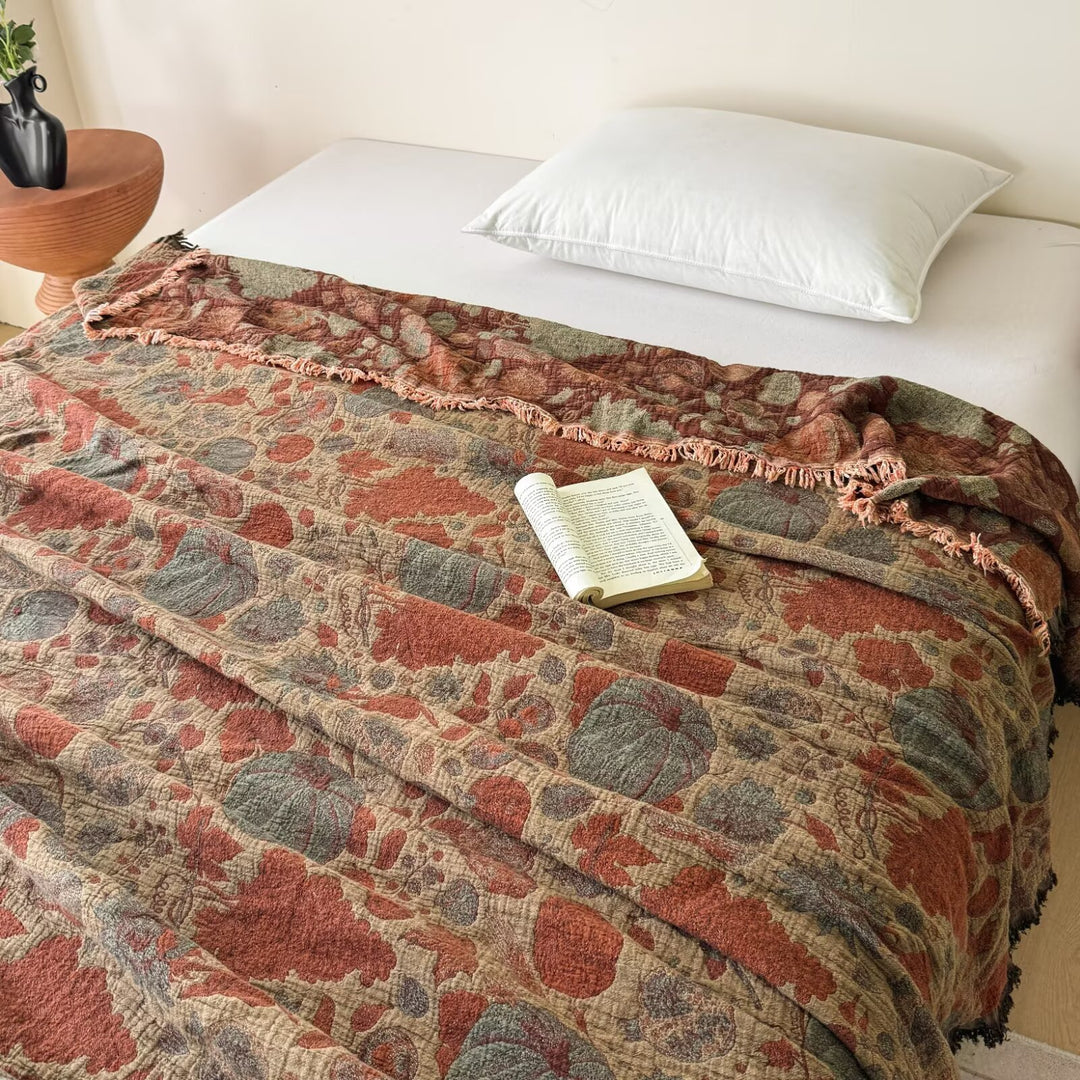 Oversized Jacquard Patchwork Floral Woven Throw Blanket with Fringed Edges
