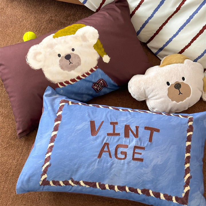 Plush Reversible Striped Fleece Duvet Cover Set with Embroidered Bear Patch