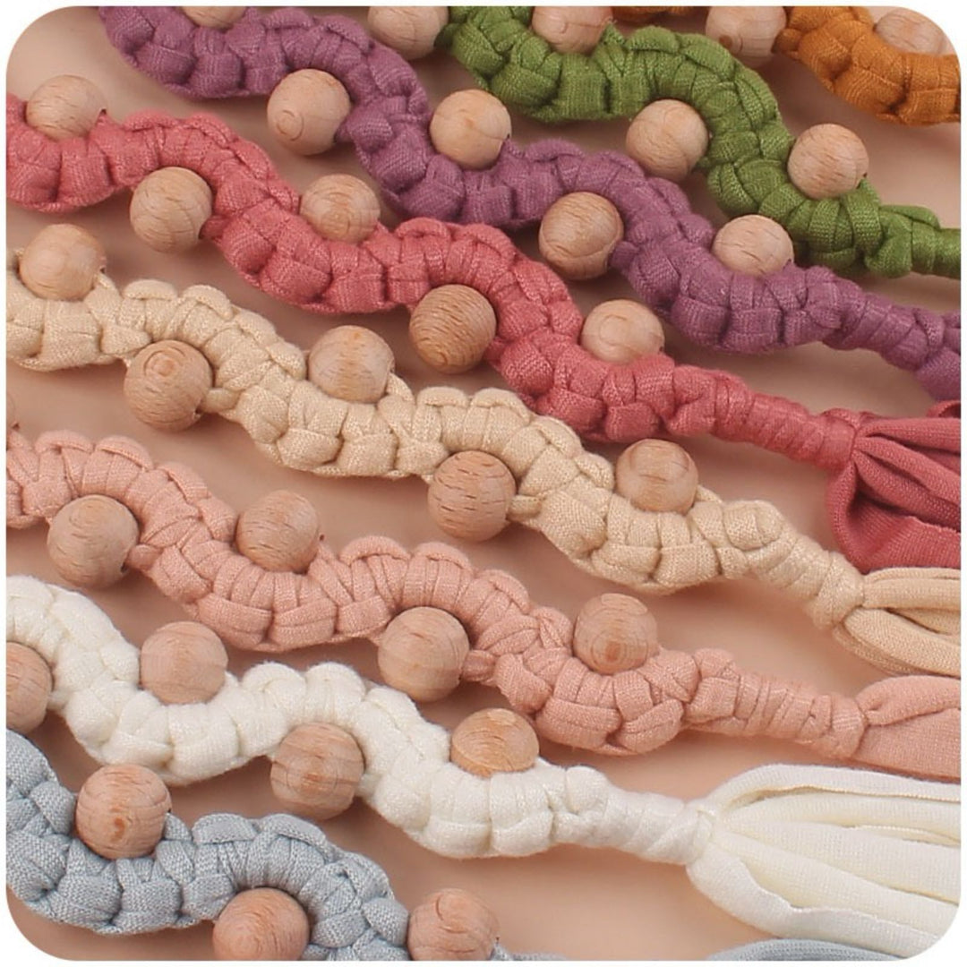 Macrame Boho Wooden-Bead Pacifier Holder Clip with Metal Safety Clamp