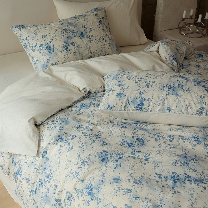 Luxury Linen-Cotton Duvet Cover Set with Floral Watercolor Print