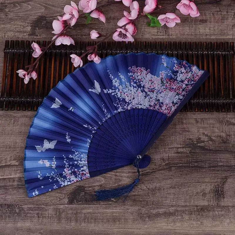 Ladies one size elegant silk folding fan with floral butterfly motif and tassel Stornfield