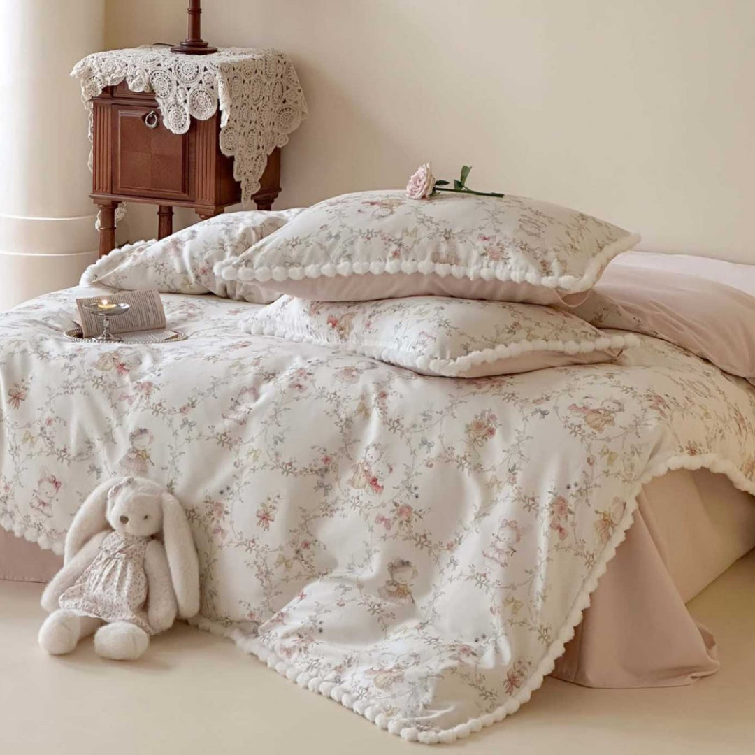 Romantic Floral Cotton Duvet Cover Set with Pom-Pom Trim and Matching Pillow Shams