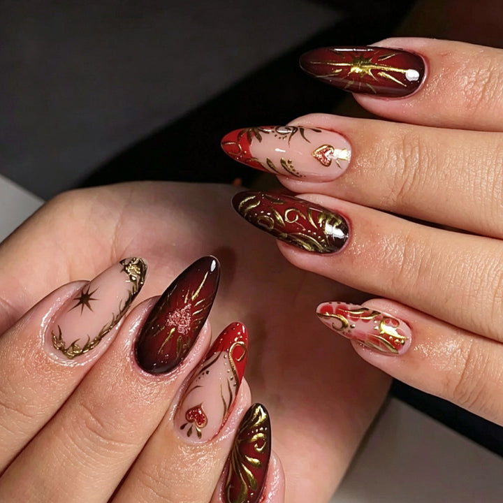Decorative Press-On Nail Art Set with Intricate Gold Floral Design Stornfield