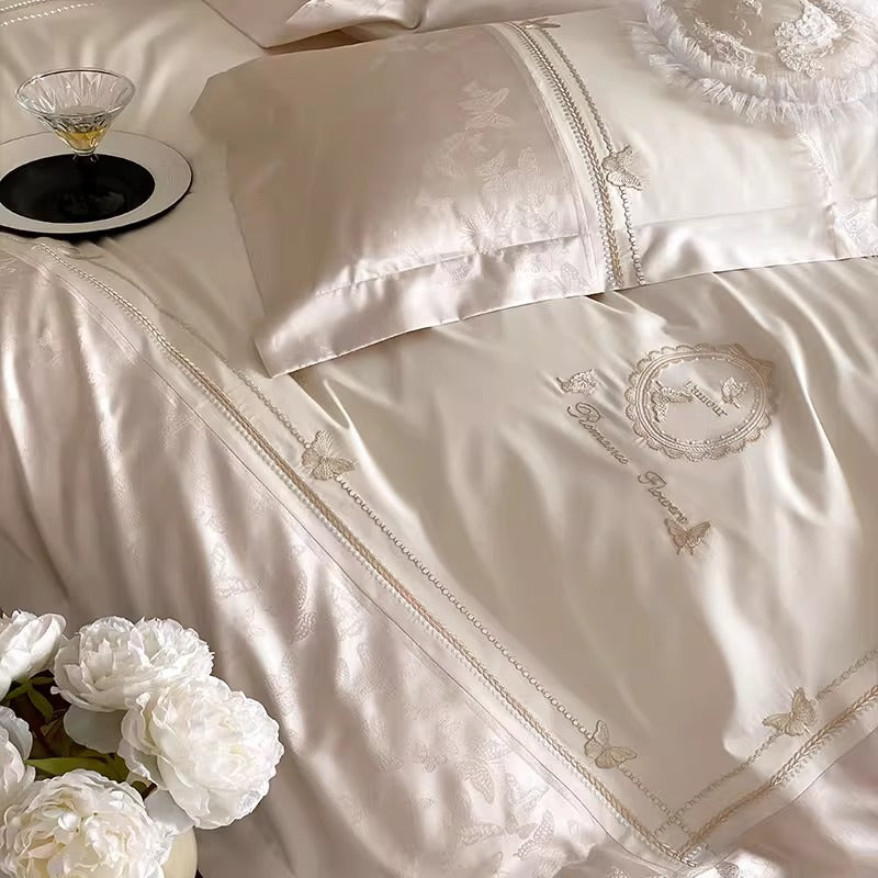 Silky Embroidered Butterfly Jacquard Duvet Cover Set with Decorative Pillow Shams
