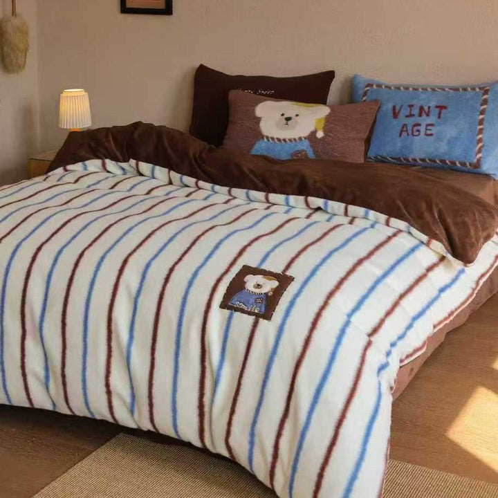 Plush Reversible Striped Fleece Duvet Cover Set with Embroidered Bear Patch