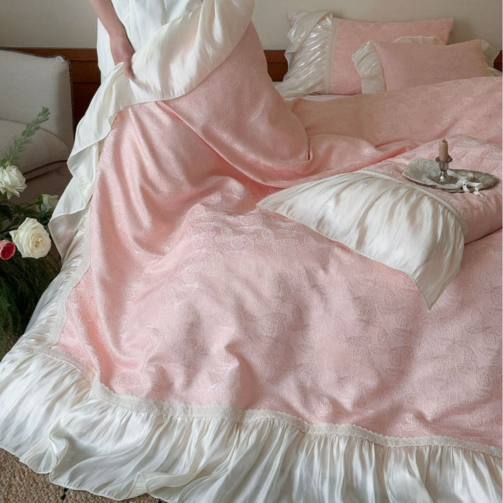 Romantic bedding set made of jacquard cotton with satin ruffle and decorative bed covering
