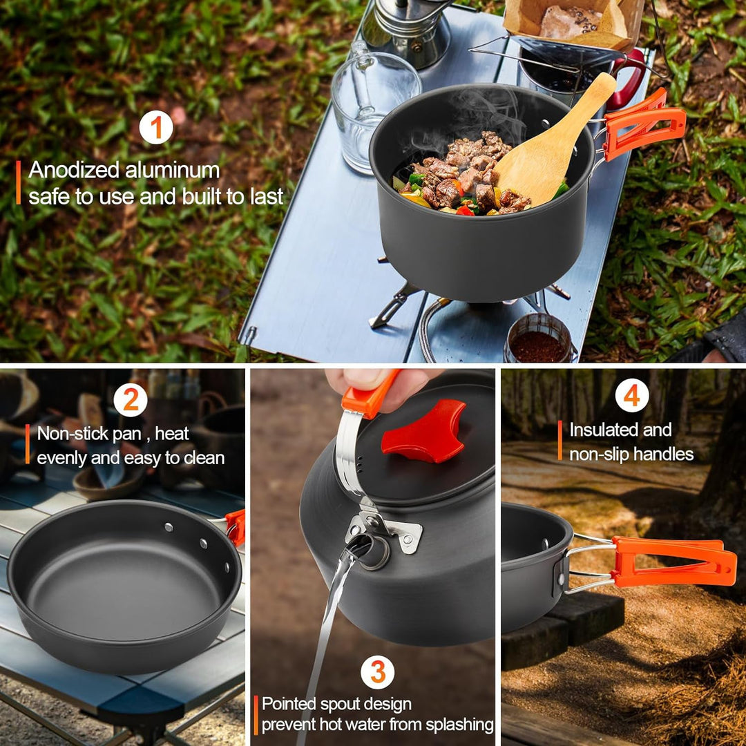 lightweight nonstick anodized aluminum camping cookware set with folding-handle pot and kettle, collapsible silicone cups, stainless plates and cutlery Stornfield