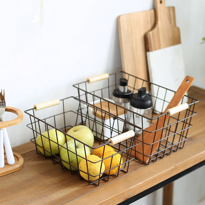 Unisex Wire Storage Basket with Ergonomic Wooden Handles Stornfield