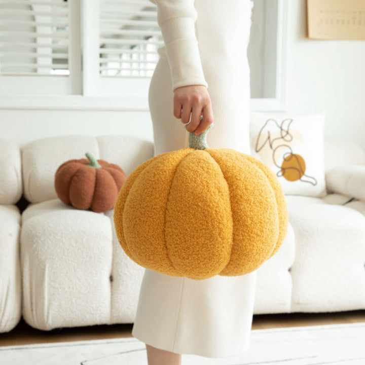 Plush Sherpa Pumpkin-Shaped Decorative Throw Pillow with Polka Dot Accents
