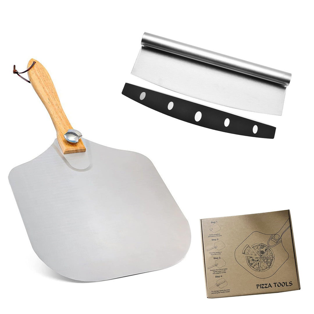 professional pizza peel set with foldable stainless steel shovel ergonomic wooden handle pizza cutter rocker and bench scraper Stornfield