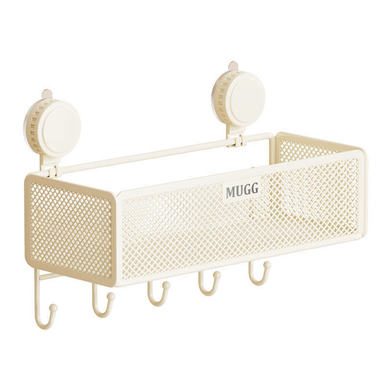 Wall-Mounted Suction Mesh Bathroom Organizer Shelf with Multi-Hook Rack