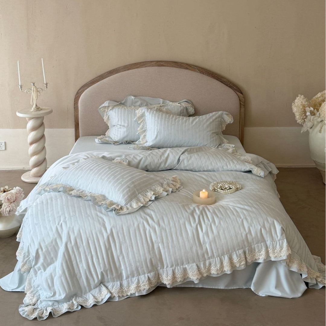 Ruffled Lace-Trim Cotton Sateen Duvet Cover Set