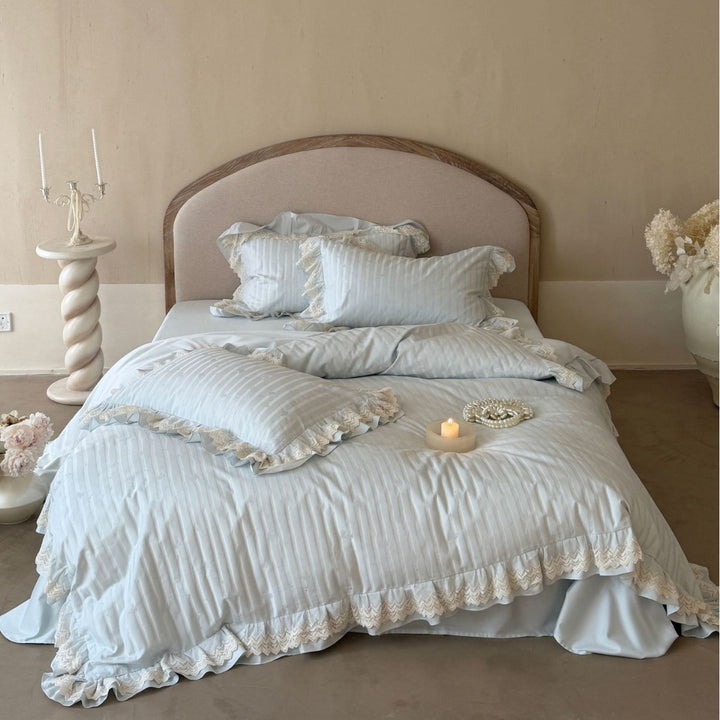 Ruffled Lace-Trim Cotton Sateen Duvet Cover Set