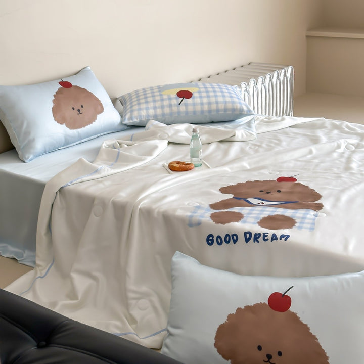 Children's bedding set with cute dog print, satin-like cotton blend & reversible pillowcase