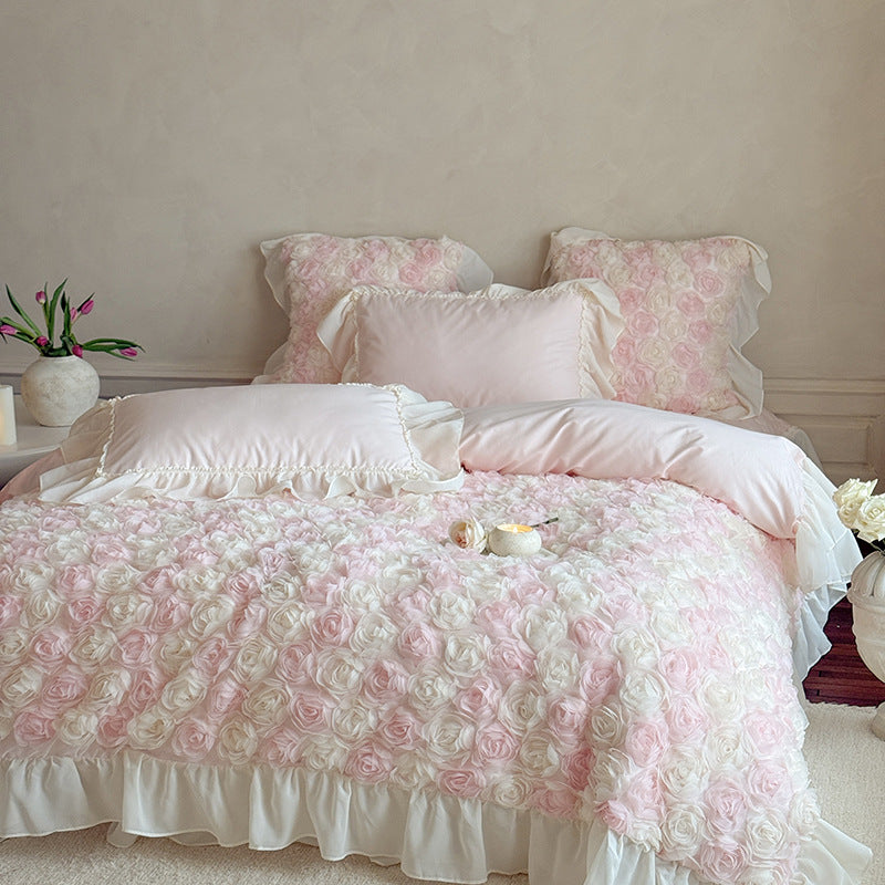 Romantic bedspread with 3D rose appliqué and ruffle