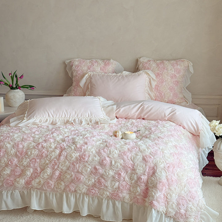 Romantic bedspread with 3D rose appliqué and ruffle