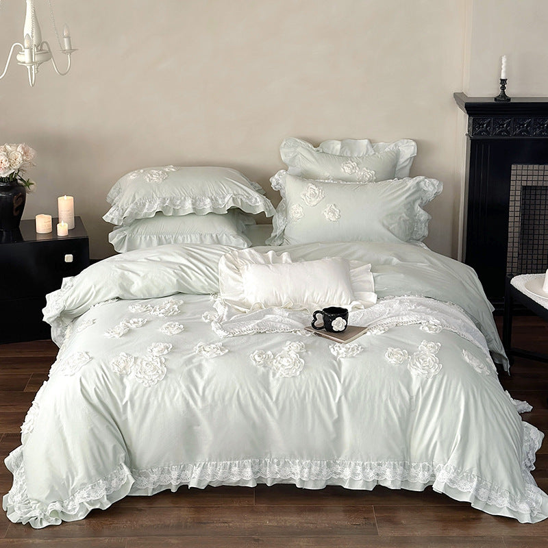 Romantic Ruffled Rose-Applique Cotton Sateen Duvet Cover Set with Lace-Trim Pillow Shams