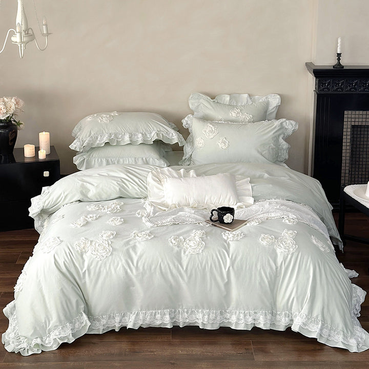 Romantic Ruffled Rose-Applique Cotton Sateen Duvet Cover Set with Lace-Trim Pillow Shams