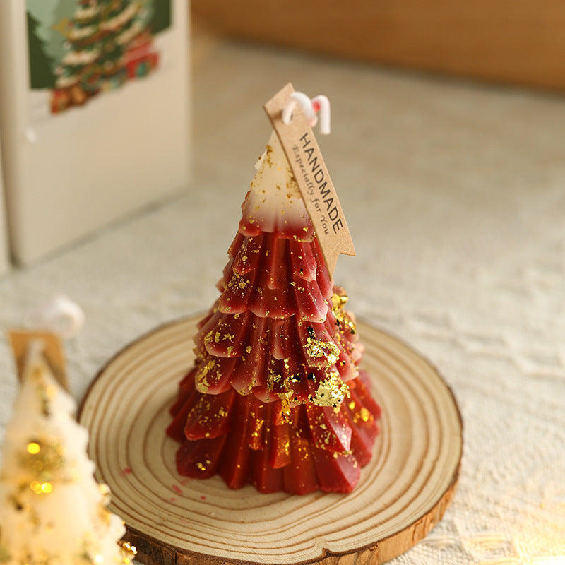 Festive Layered Pine-Needle Textured Decorative Tabletop Wax Tree Candle
