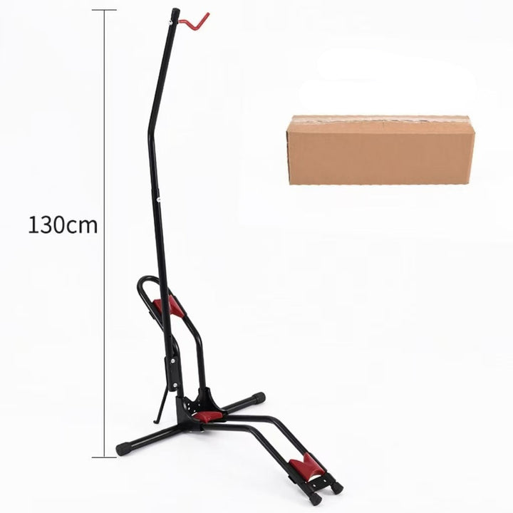 freestanding vertical bicycle repair and display stand with front wheel clamp and foldable tripod base Stornfield
